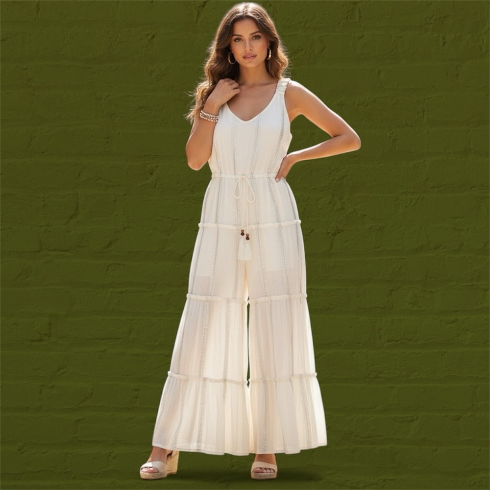 BANJARA | NWT Tiered Lace Boho Jumpsuit Wide Leg Ivory Size Medium